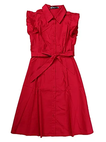 Allegra K Women's Work Office Ruffled Sleeve Button Closure Belted Cotton Midi Shirt Dress Anniversary midi dresses