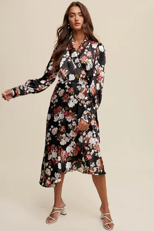 Black Floral Print Long Seeve Satin Wrap Midi Dress ASOS midi dresses