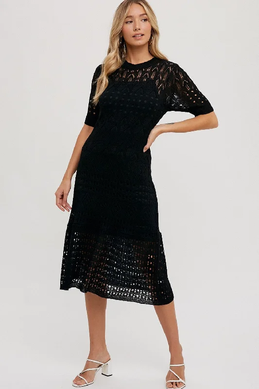 Black Open Knit Crochet Midi Dress A-line midi dresses