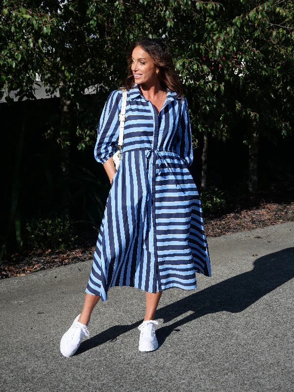 Boho Australia Moss Midi Dress Stripe Navy Blue Y2K midi dresses