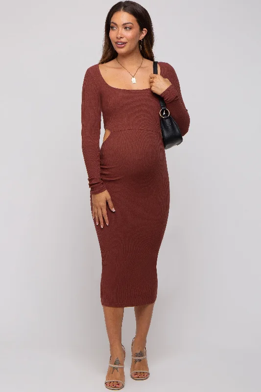 Brown Rib Knit Side Cutout Maternity Midi Dress Hot new arrivals in midi dresses