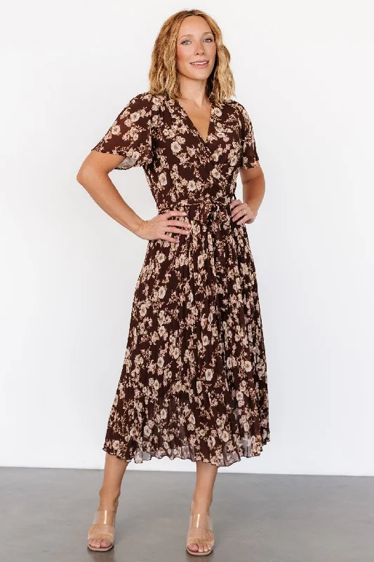 Cassidy Pleated Midi Dress | Brown Floral Fashion Nova midi dresses