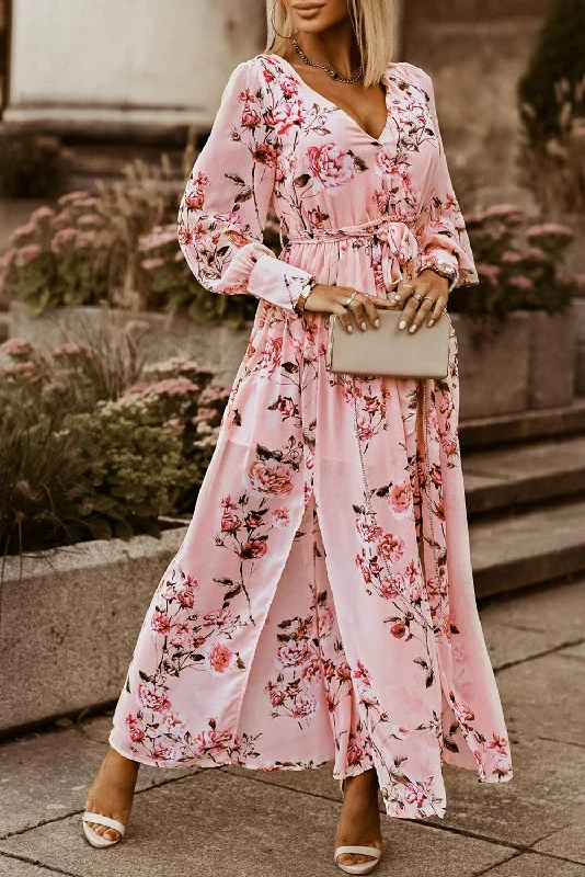 Floral Bishop Sleeve Slit Maxi Dress Flowy maxi dresses