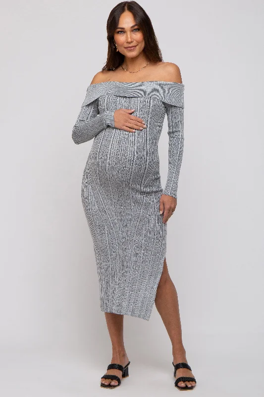 Grey Metallic Ribbed Side Slit Off Shoulder Maternity Midi Dress Women's trendy midi dresses sale