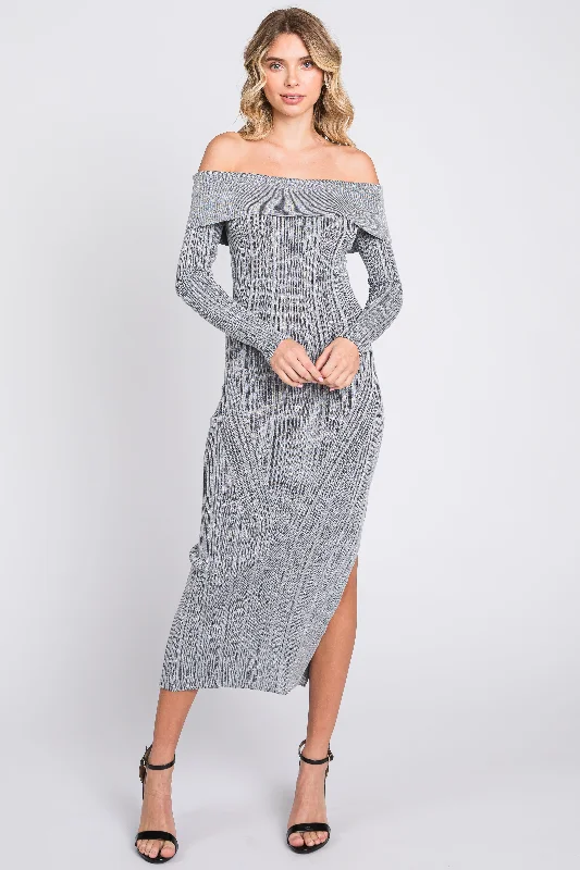 Grey Metallic Ribbed Side Slit Off Shoulder Midi Dress Boohoo midi dresses