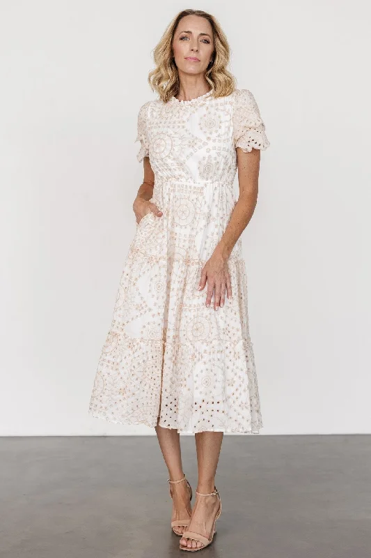 Mirabel Eyelet Midi Dress | White + Natural Summer party midi dresses