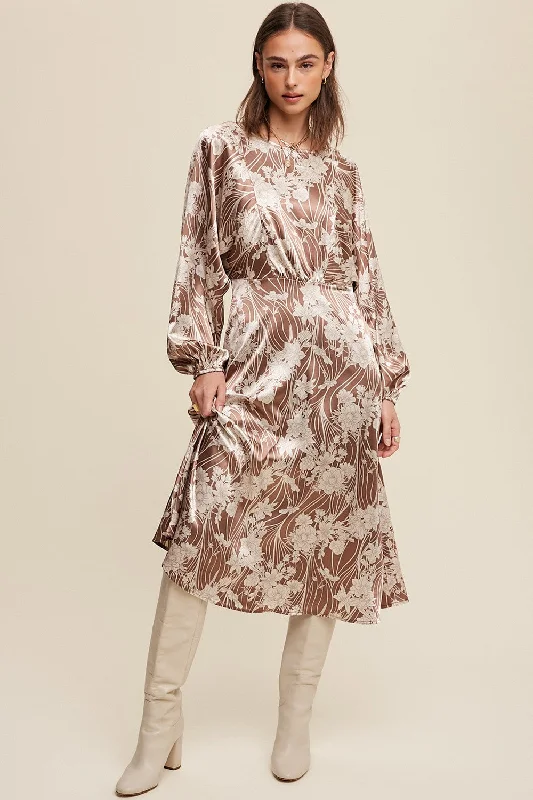 Mocha Floral Print Satin Cinched A-Line Midi Dress Clubbing midi dresses