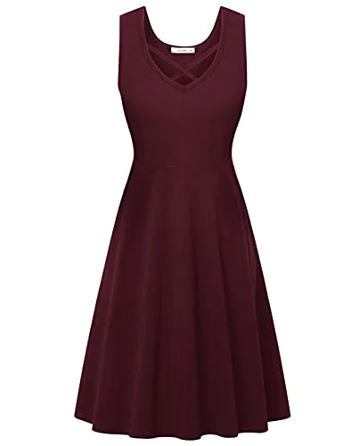 Moyabo Womens V Neck Tank Dresses Criss Cross Sleeveless A-line Cocktail Party Midi Dress with Pockets Flowy midi dresses