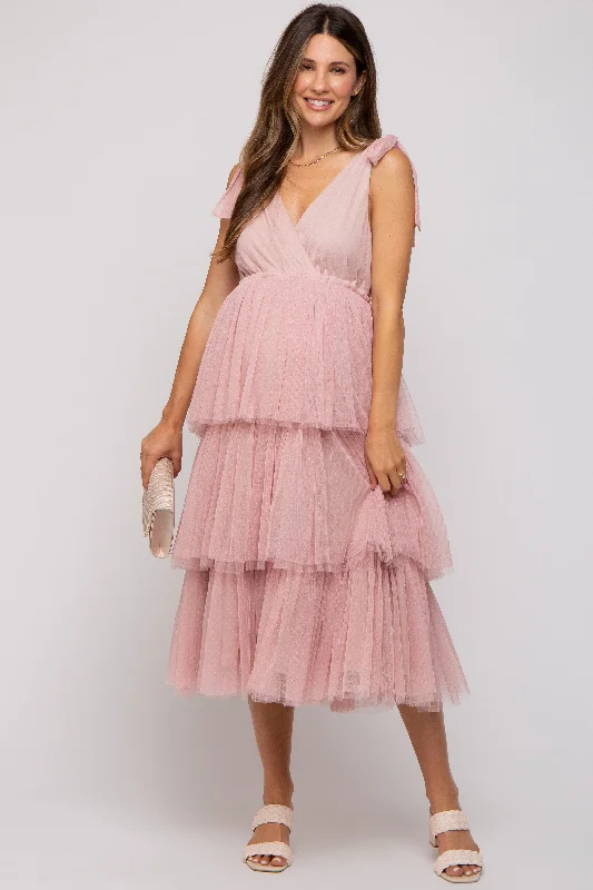 Pink Sleeveless Tiered Tie Strap Tulle Maternity Midi Dress Chiffon midi dresses