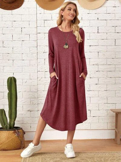 Pocketed Long Sleeve Tee Dress in 6 Colors Shein maxi dresses