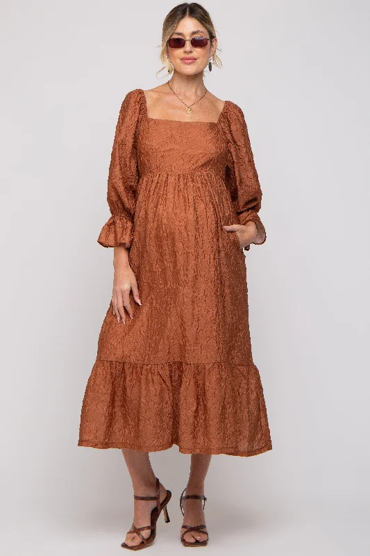 Rust Metallic Jacquard Floral Maternity Midi Dress Smocked midi dresses