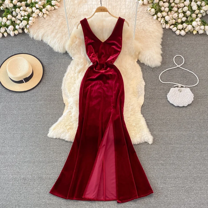 Sexy V Neck Velvet Long Dress Fashion Dress  10782 Wedding guest maxi dresses