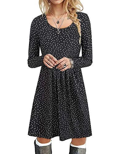 STYLEWORD Women's Round Neck Long Sleeve T Shirt Dresses Pleated Loose Swing Casual Midi Dress Knee Length High-end midi dresses