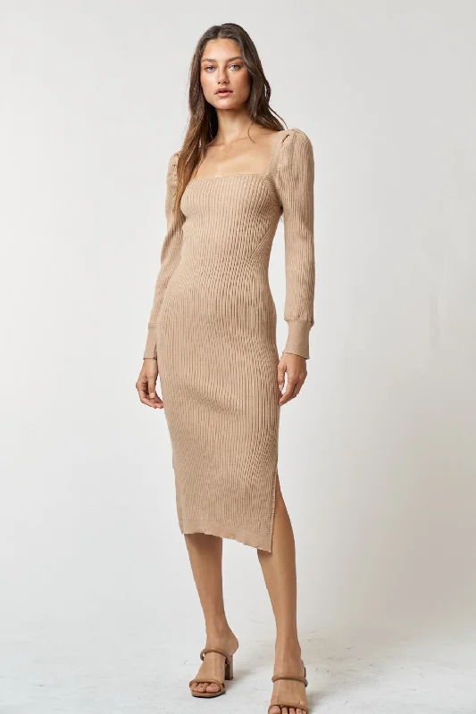 Taupe Ribbed Knit Long Sleeve Midi Dress Office midi dresses