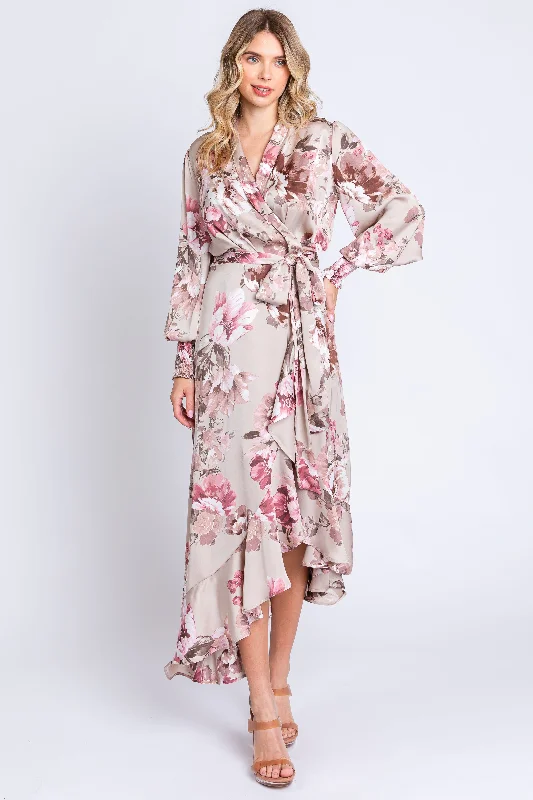 Taupe Satin Asymmetrical Flounce Trim Midi Dress Cute floral print midi dresses