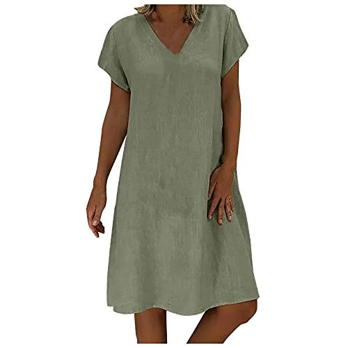 TIMEMEAN Linen Dresses for Women V Neck Summer Short Sleeve Vintage Ethnic Midi Dress Budget-friendly midi dresses