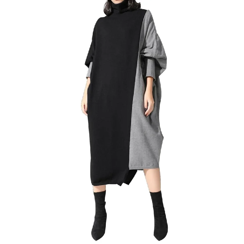 TUCS Turtleneck Korean Style Spliced Knitted Midi Dress Glamorous midi dresses