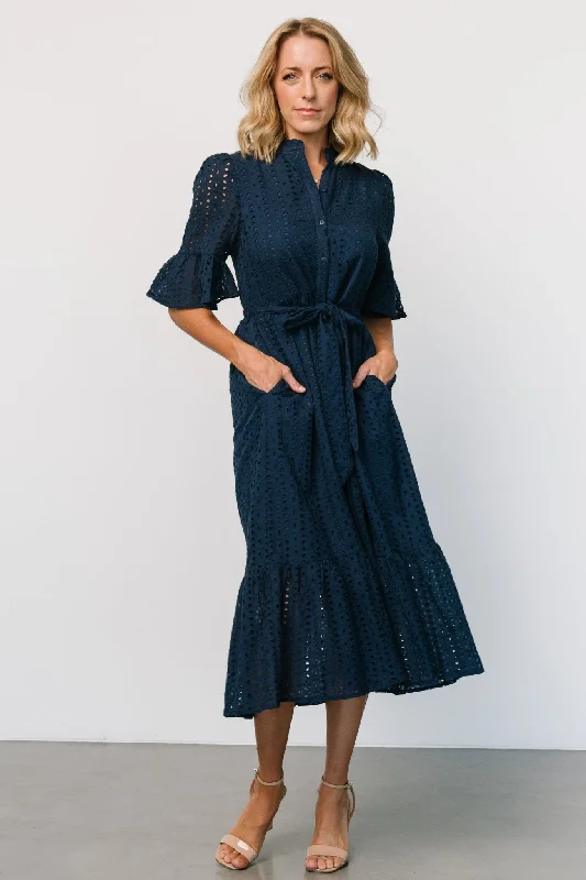 Virginia Eyelet Midi Dress | Navy Ruffled midi dresses