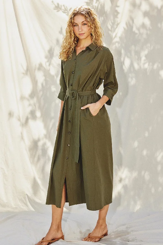 Washed Olive Buckle Detail Midi Dress Best midi dresses for summer vacation