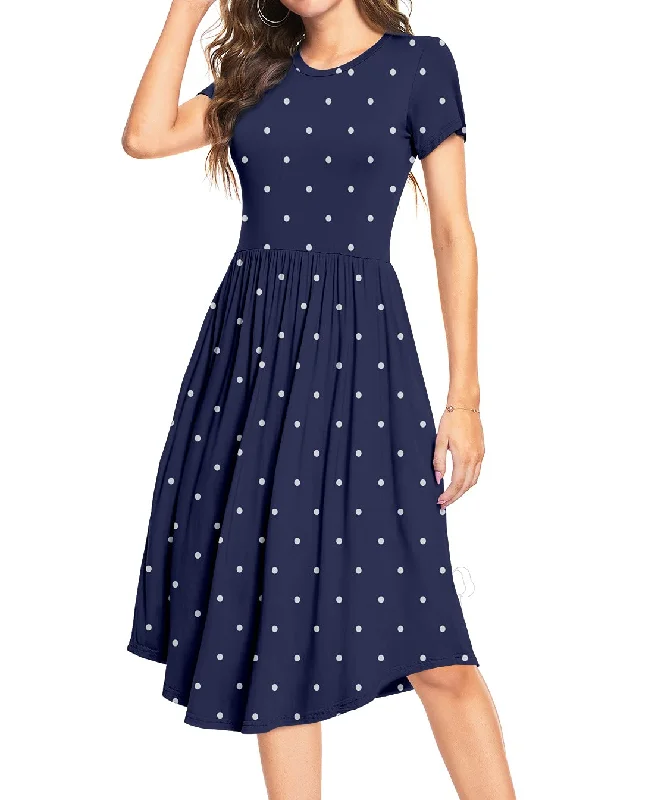 Women Short/Long Sleeve Pleated Polka Dot Pocket Swing Casual Midi Dress Best midi dresses for petites