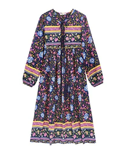 Women's Casual Bohemian Print Neck Tie Long Sleeve Beach Style Long Midi Dress Vocation Dress Satin midi dresses