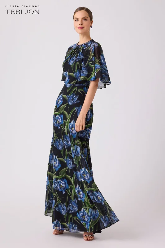 Black Chiffon Gown With Iris Print Smocked floral dresses