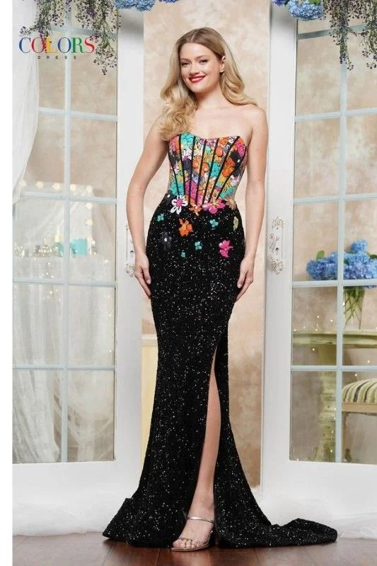 Colors Dress -3561 Corset Bodice Floral Sequin Sheath Dress A-line floral dresses