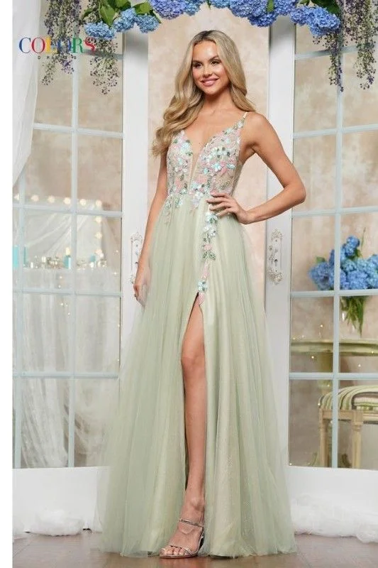 Colors Dress -3612 Floral Applique Tulle A-Line Dress Halter floral dresses