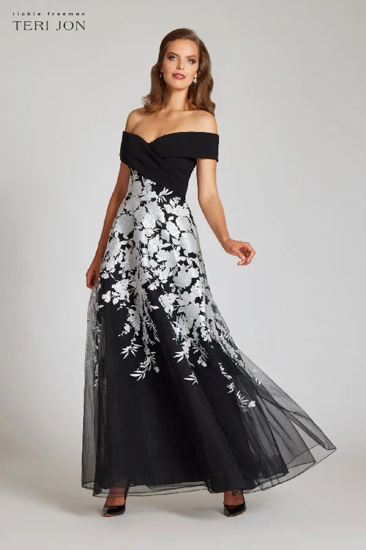 Crepe Off The Shoulder Floral Embroidered Gown Budget-friendly floral dresses