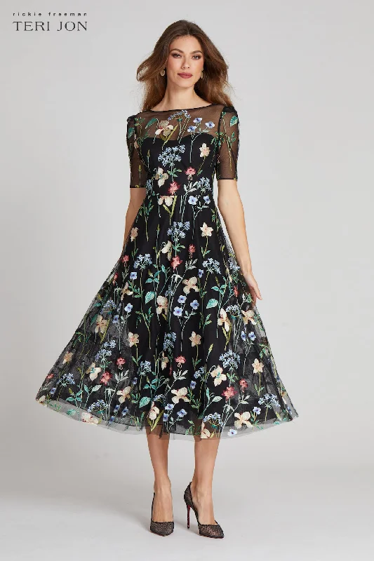 Embroidered Tulle Dress With Floral Print Silk floral dresses