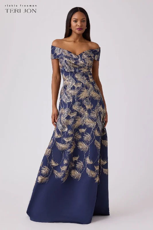 Jacquard Leaf Pattern Gown Date night floral dresses