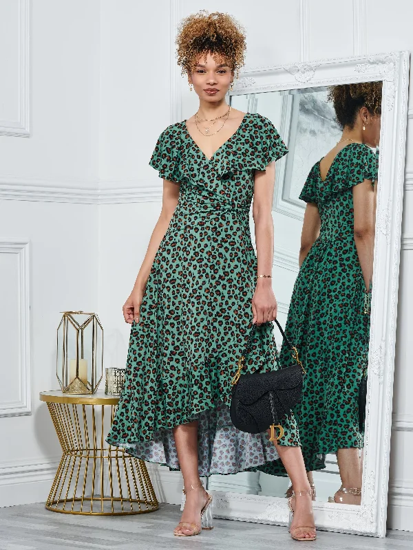 Jolie Moi Luciana Animal Print Dip Hem Dress, Green Spring floral dresses