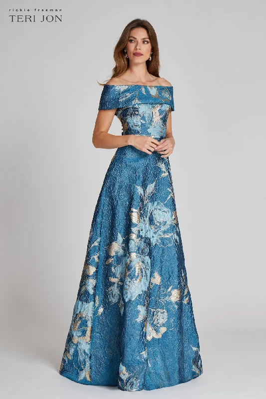 Large Floral Pattern Jacquard Off the Shoulder Gown Long floral dresses