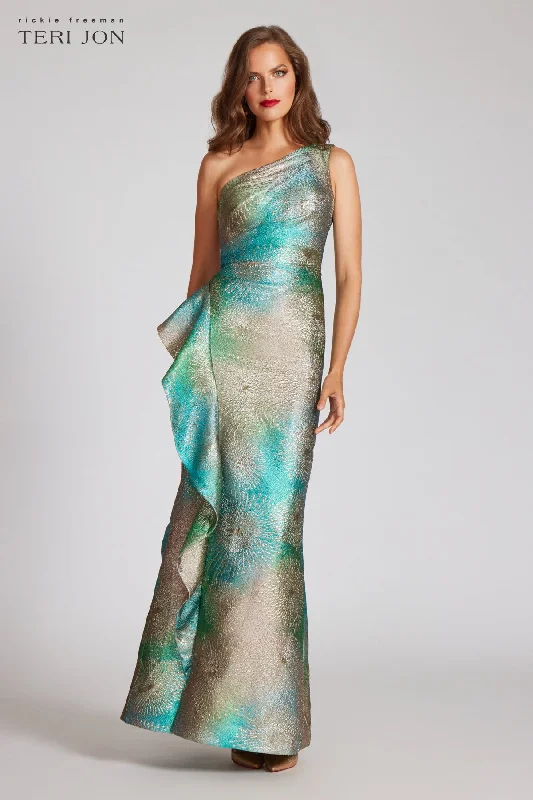 Metallic Starburst Pattern One Shoulder Gown Satin floral dresses