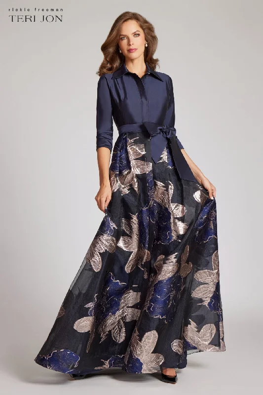 Navy Taffeta Shirtdress with Burnout Floral Print Ruffled floral dresses