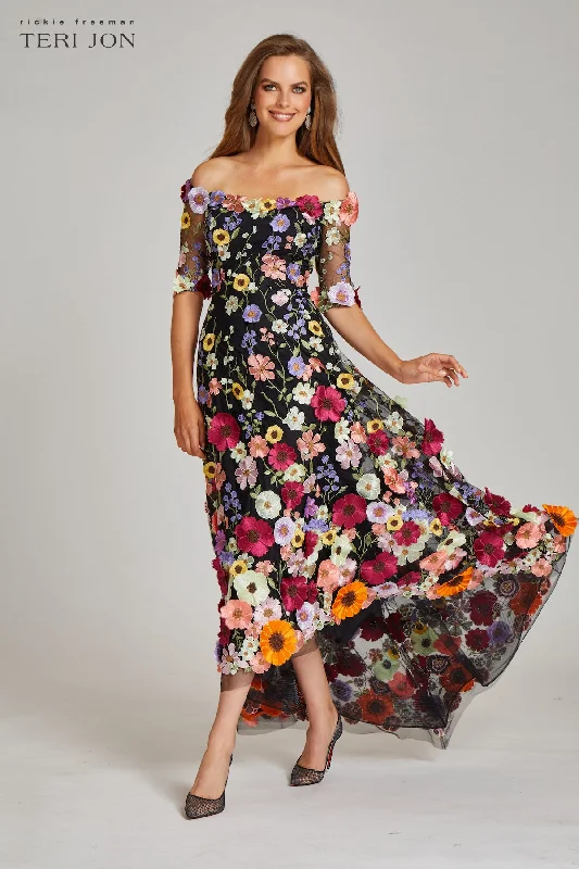 Off the Shoulder Floral Appliqued Lace High Low Dress Midi floral dresses