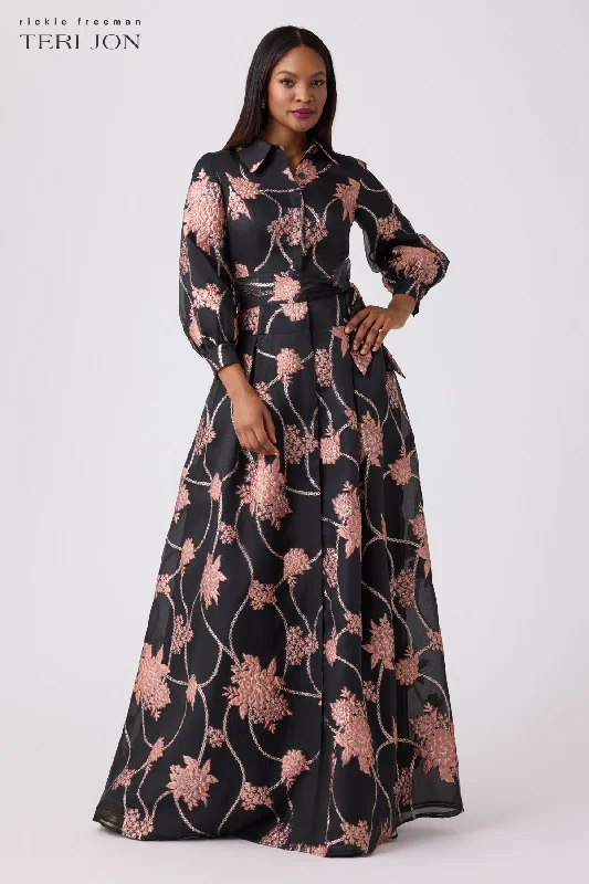 Organza And Jacquard Floral Print Shirt Gown Boohoo floral dresses