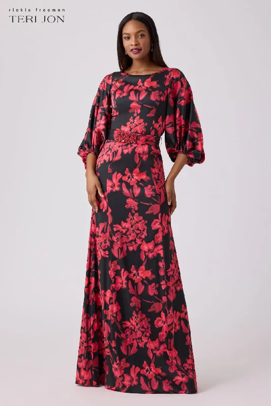 Silk Floral Jewel Belt Gown Stretchy floral dresses