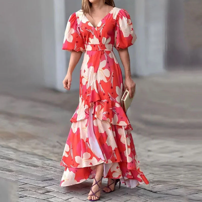 V-neck Printed Layered Dress Best floral dresses for hourglass body shape