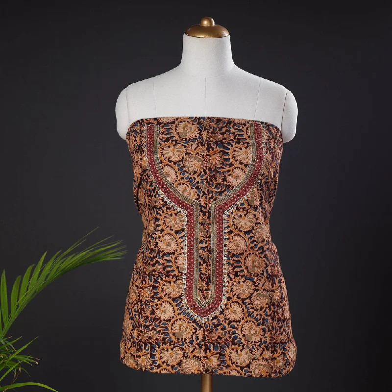 Brown - Bead Work Hand Embroidery Kalamkari Printed Cotton Kurta Material - 2.6 meters Velvet unclassified dresses