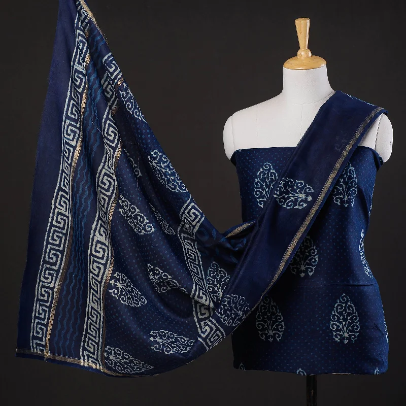 Blue - 3pc Dabu Block Printing Chanderi Silk Suit Material Set Trendy new unclassified dresses