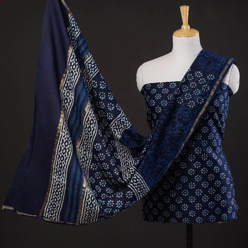 Blue - 3pc Dabu Block Printed Chanderi Silk Suit Material Set Lounge unclassified dresses