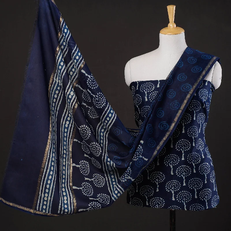 Blue - 3pc Indigo Dabu Block Printing Chanderi Silk Suit Material Set Festival unclassified dresses