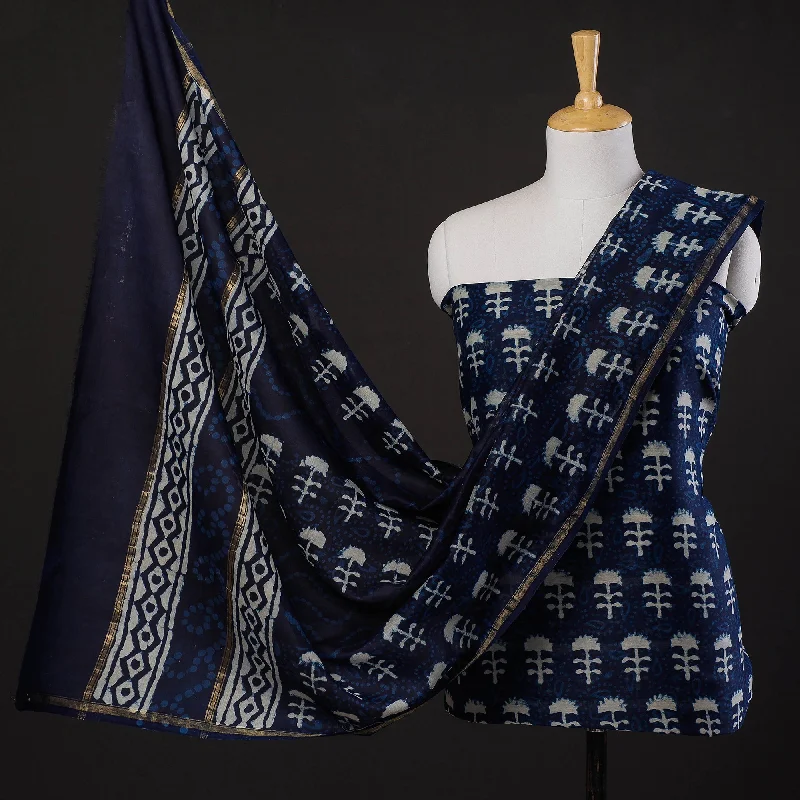 Blue - 3pc Indigo Dabu Block Printing Chanderi Silk Suit Material Set Cocktail unclassified dresses