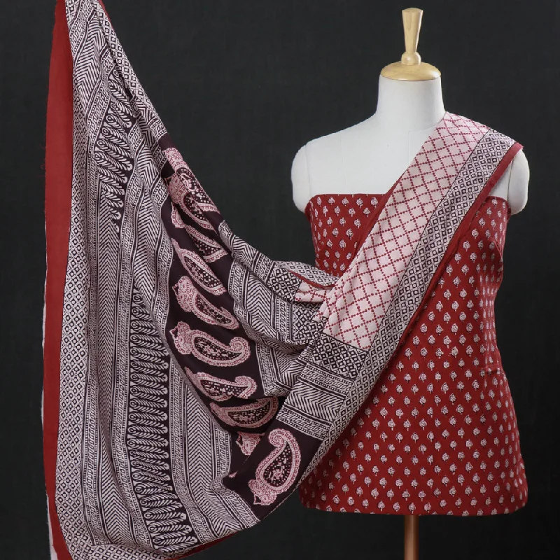 Red - 3pc Bagh Block Printed Natural Dyed Cotton Suit Material Set Ruched unclassified dresses