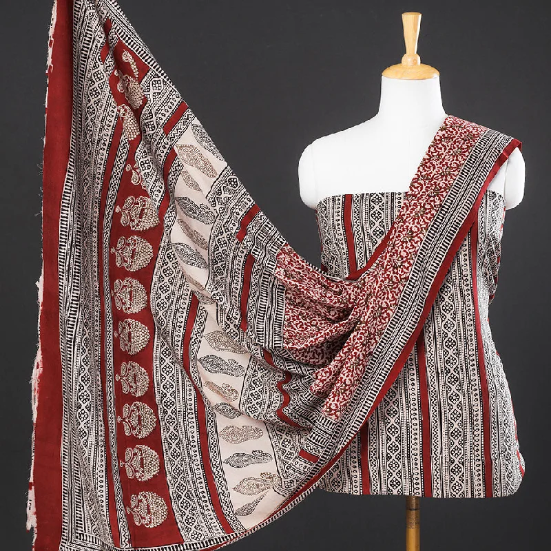 Red - 3pc Bagh Block Printed Natural Dyed Cotton Suit Material Set Ruffled unclassified dresses