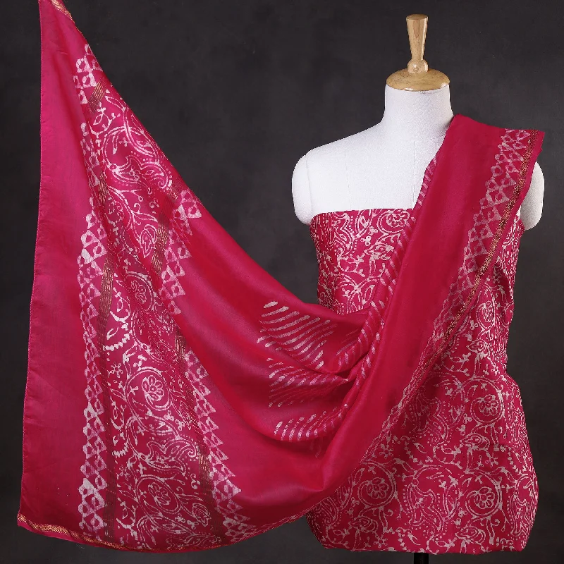 Pink - 3pc Hand Batik Printed Chanderi Silk Suit Material Set Discounted unclassified dresses