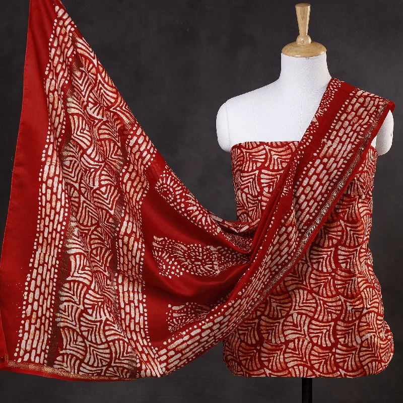 Red - 3pc Hand Batik Printed Chanderi Silk Suit Material Set High-end unclassified dresses