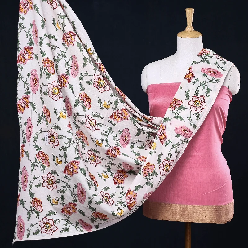 Pink - 2pc Plain Chanderi Silk Handloom Suit Material with Sanganeri Block Printed Cotton Dupatta Printed unclassified dresses