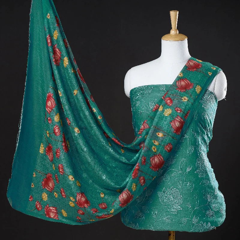 Green - 3pc Handloom Chanderi Silk Cotton Embroidered Suit Material Set with Digital Printed Dupatta Ruffled unclassified dresses